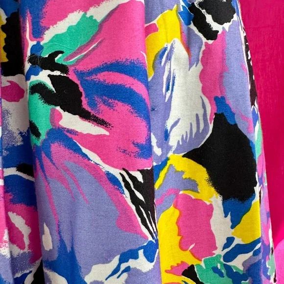 Vintage 80s 90s Floral Pleated Midi Long Skirt Lavender Pink Teal Cotton Size 14 - Picture 11 of 17